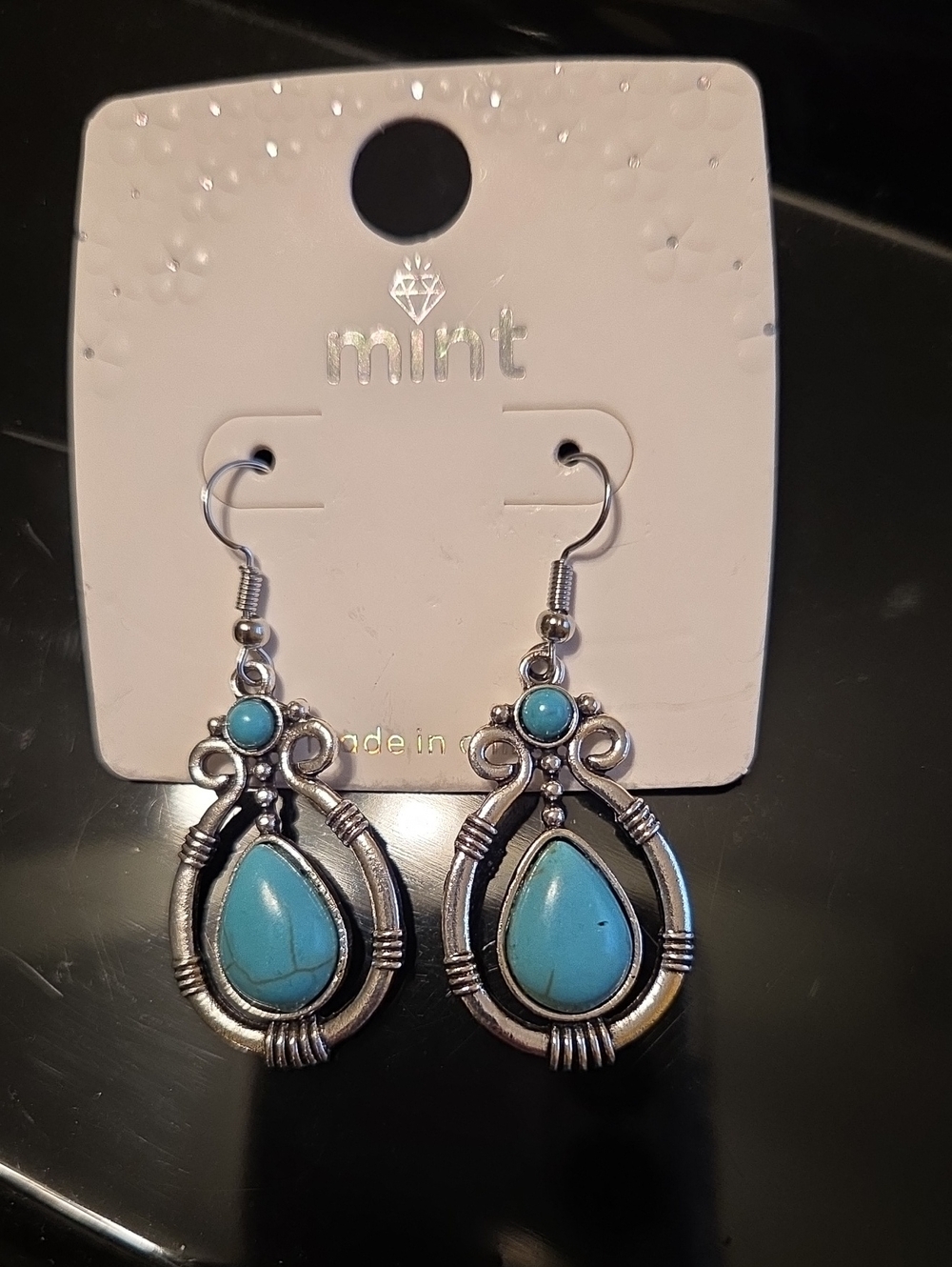 Mint Turquoise Teardrop Dangle Earrings - Silver and Blue